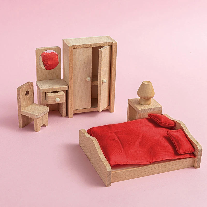 hot sale high quality 4 scene wooden doll house furniture accessories natural solid wood furniture toys