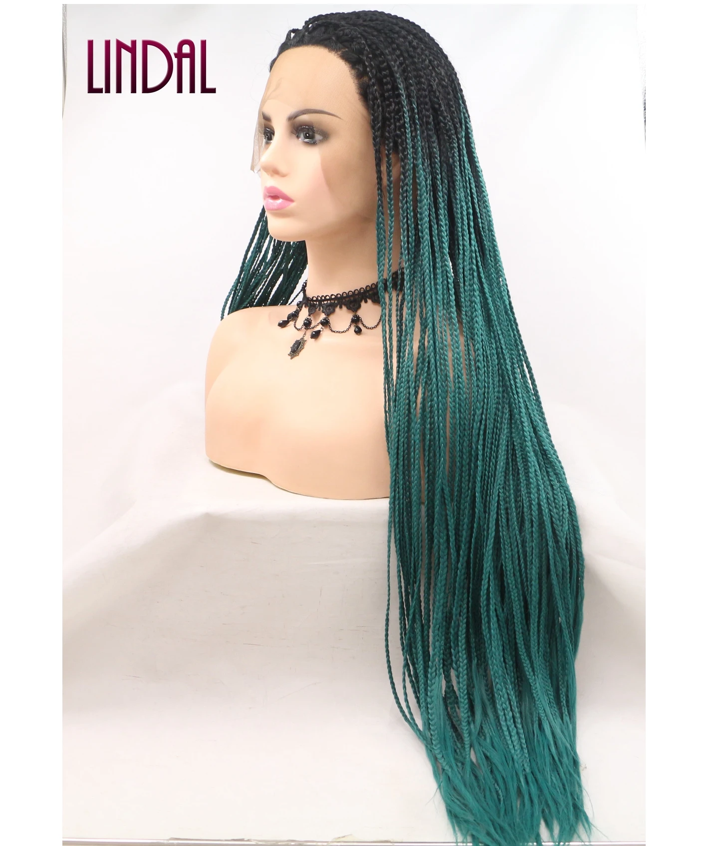 LINDAL synthetic heat resistant fiber dreadlocks ombre green braided wigs lace front wig fake scalp wig for women