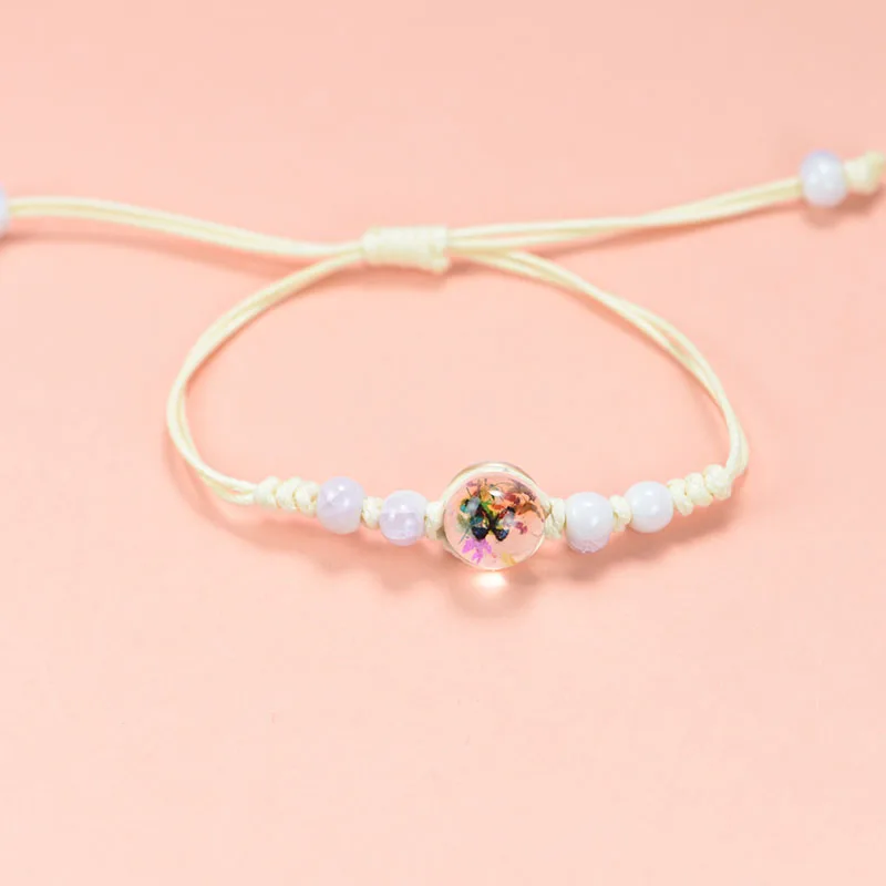 Flower bracelet hand-woven size can be adjusted Preserved flower and butterfly multi-color optional 12mm beads