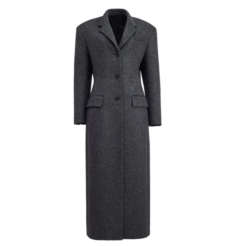OEM Long Sleeve Single Breasted Slim Waist Woolen Long Coat Women