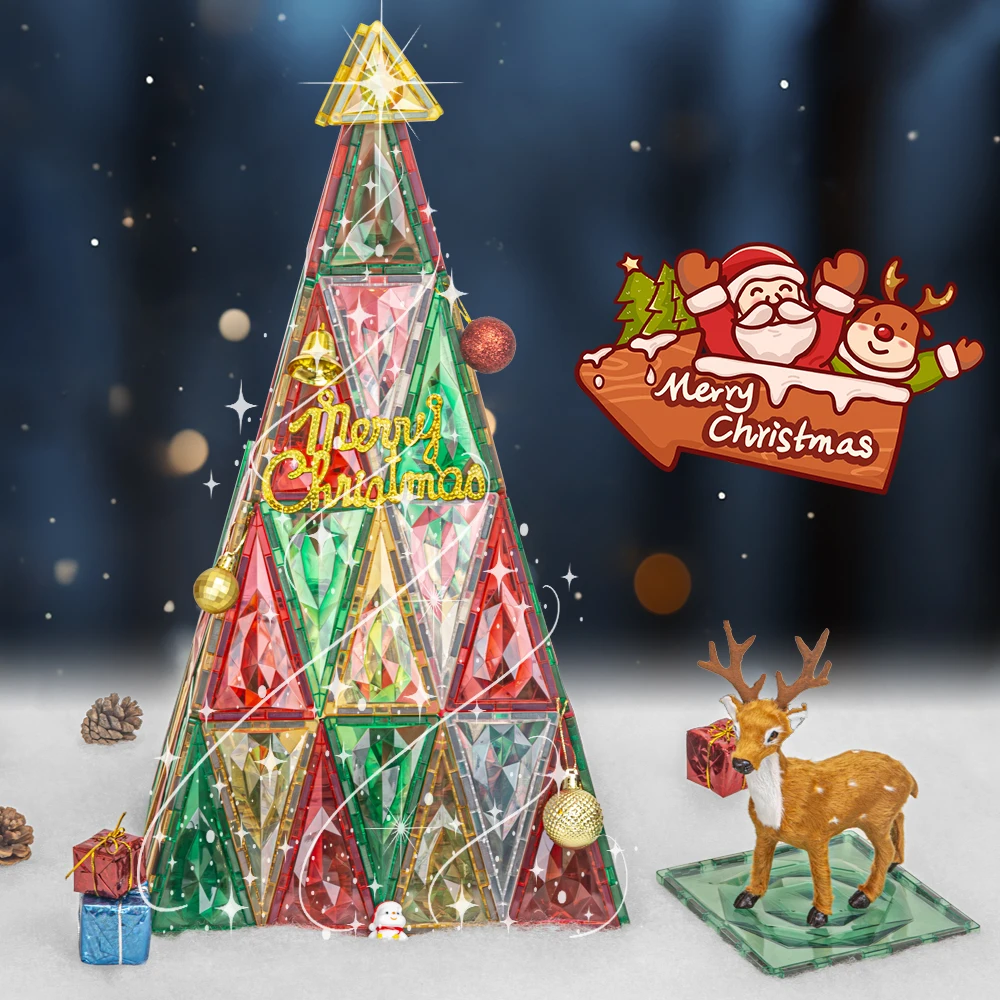 Red Green Christmas Series Colorful Magnet Tiles Toys Magnetic Blocks Educational Toys Magnetic Building Tiles For Kids