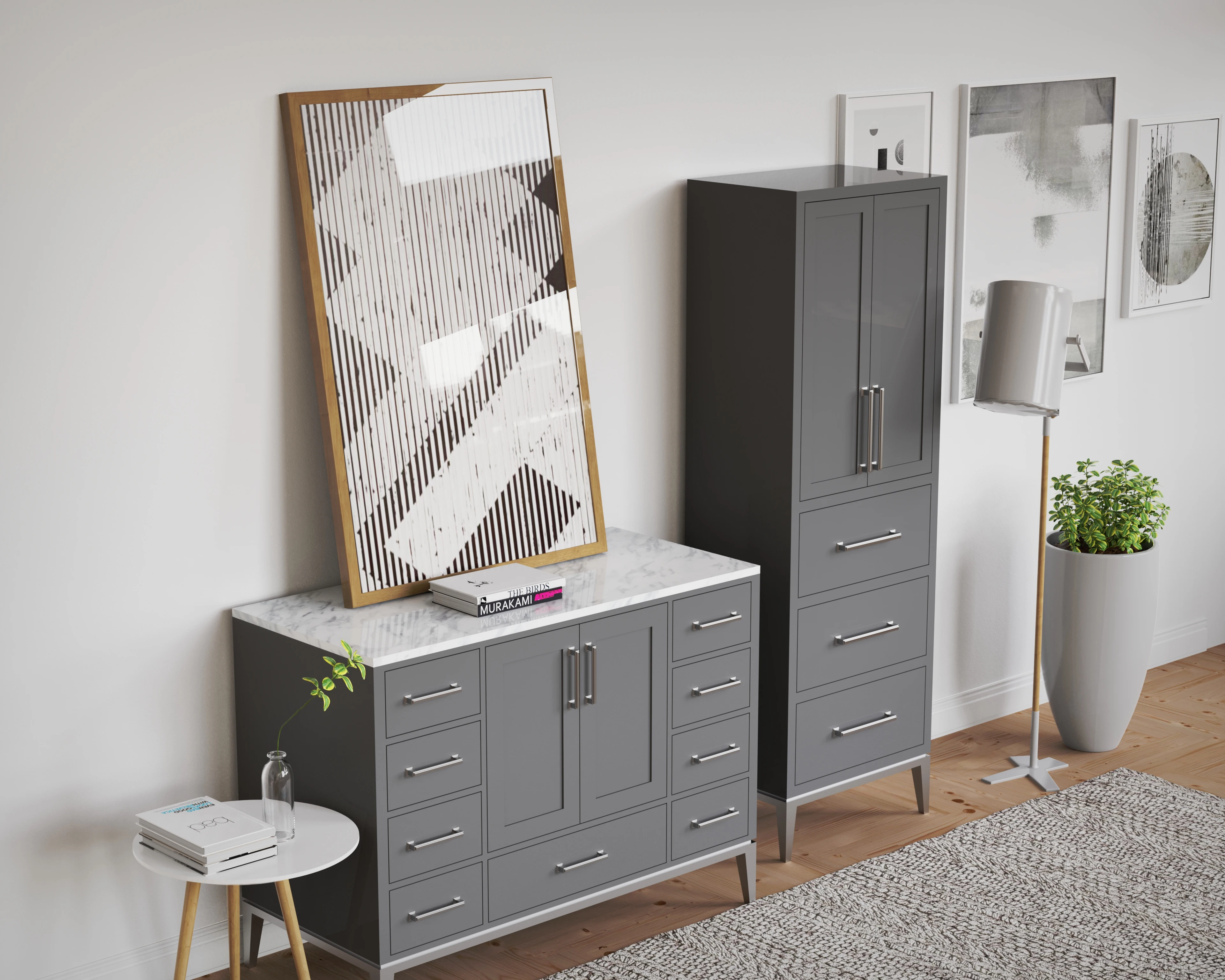 
living room modern wooden storage side cabinet with 2 door 5 drawer ,simple style gray washed wood tall cabinet 