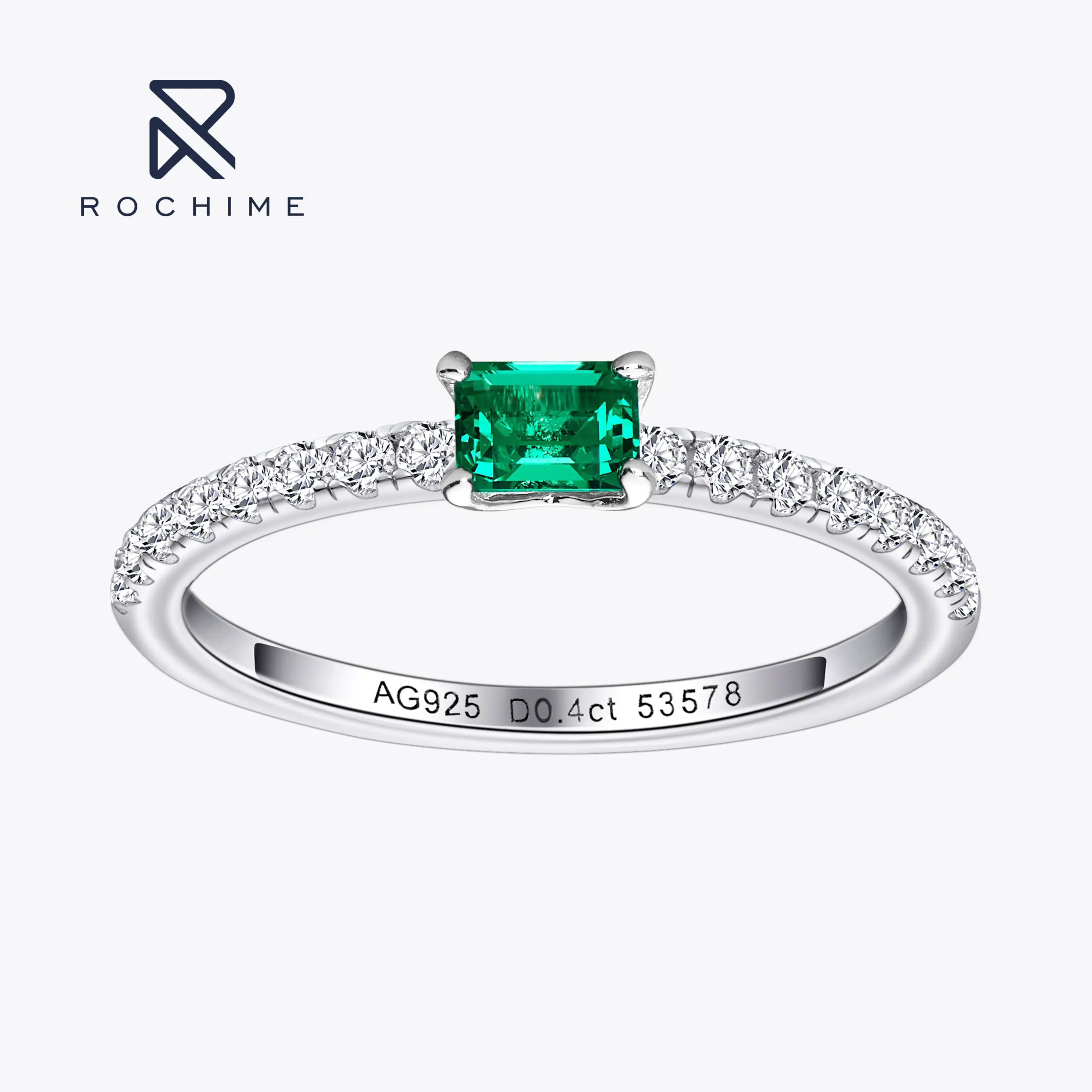 Rochime dainty lab grown Emerald  ring band s925 silver Rhodium plated  jewelry for women