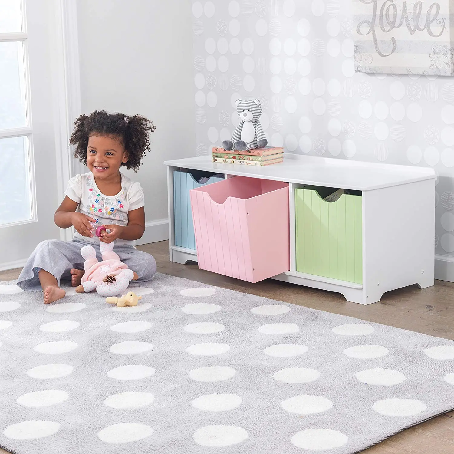 
Children wooden toy box bench wood storage chest bench with three bins 