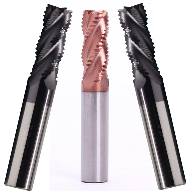 Tungsten carbide rouging end mill for steel and aluminum with coarse skin cutter