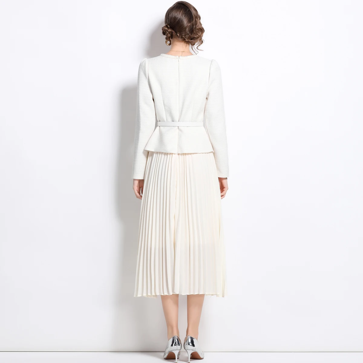 Droma in stock high end fashion slimming patchwork swing pleated dresses women casual elegant long white dress