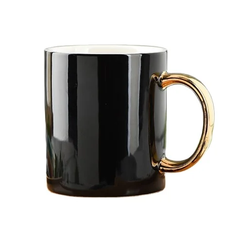 Customized logo Bone China Coffee Mug, Black and White Ceramic Couple Mugs gold handle for gifts, Sublimation Cups