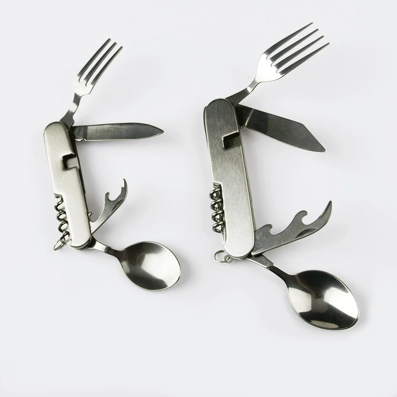 6 in 1 Multi-Function Detachable Folding Cutlery Set Stainless Steel Spoon Fork and Knife Opener Outdoor Camping Tableware Set