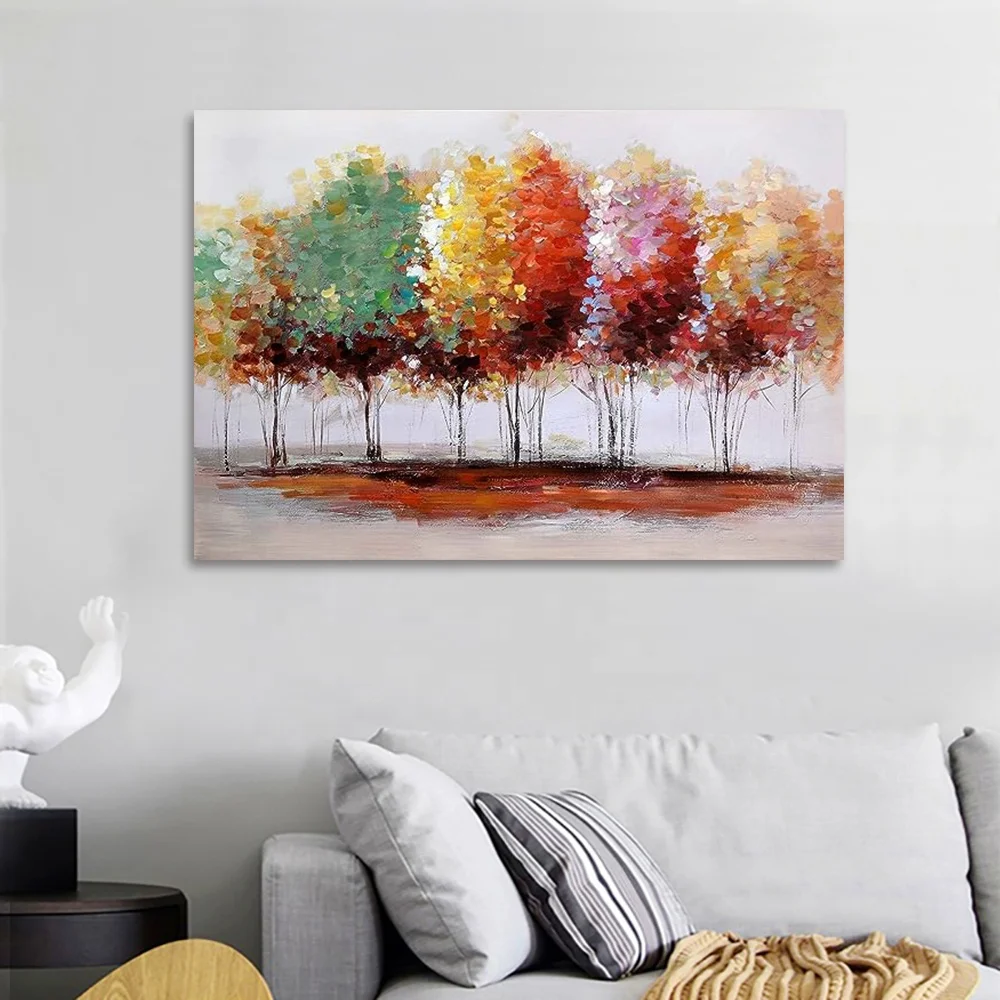 Tree canvas print wall art home decor, large colored tree branch oil paintings, living room bedroom hand-painted forest pictures