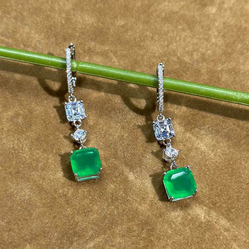 S 925 Fusion Stone Jewelry Earring Emerald Cut Green Stone Drop Hoop Earrings for Women 925 Sterling Silver earrings