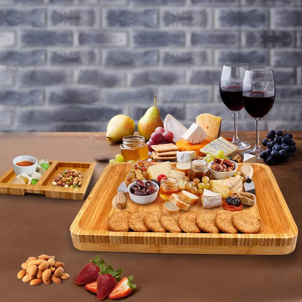 Best sell Large Bamboo Cheese Cutting Plates Board Set and Knife Set With Hidden Slide Drawers Wood Charcuterie Platter Board