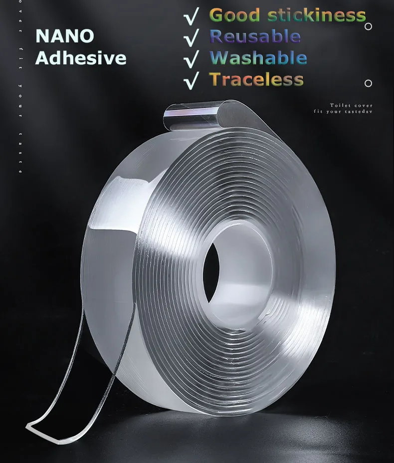 
Double sided washable waterproof reusable strong gel transparent nano suction adhesive tape for household storage 