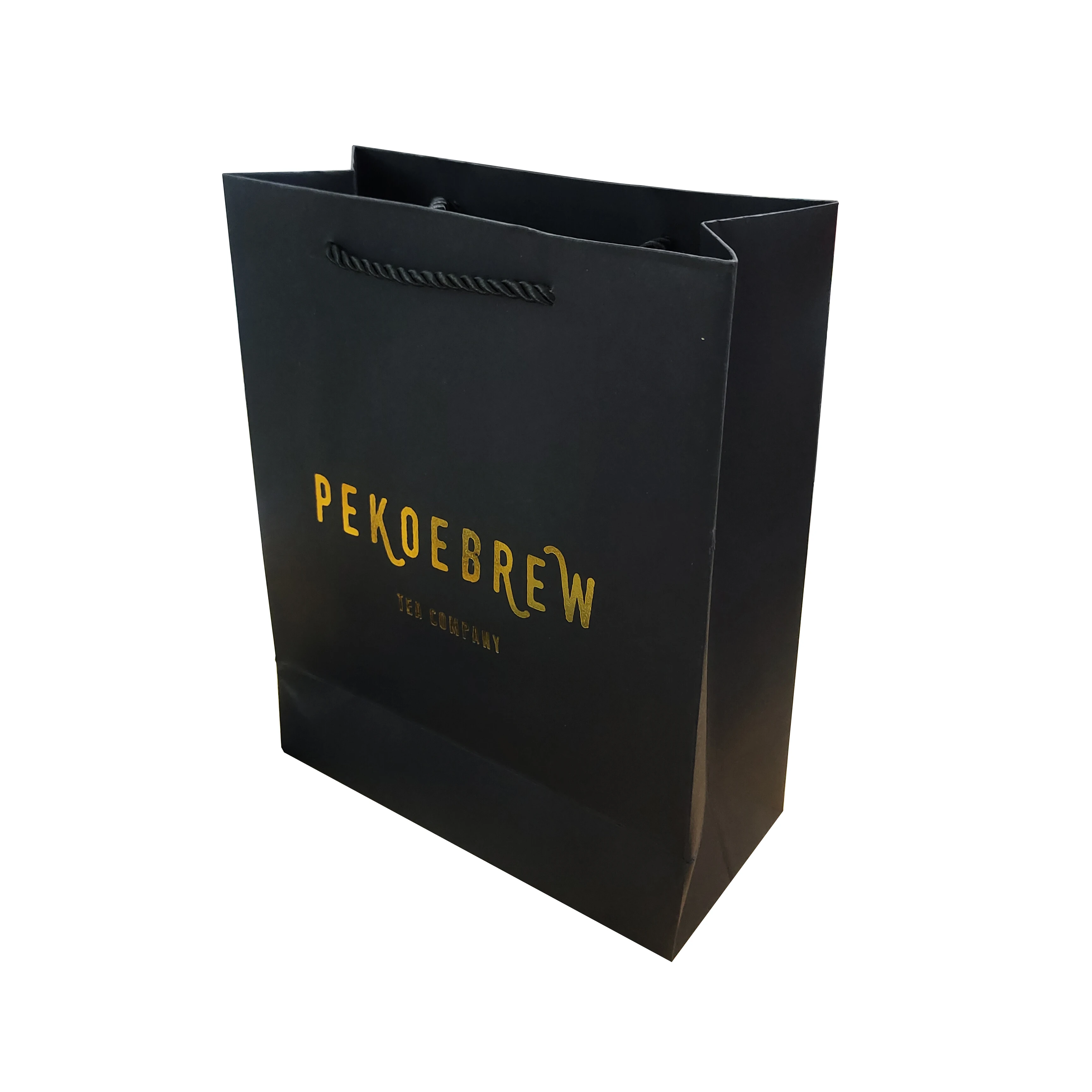 New Gold Logo Hot Foiled Stamping Black Matt Kraft Paper Bag With Cotton Rope Handles
