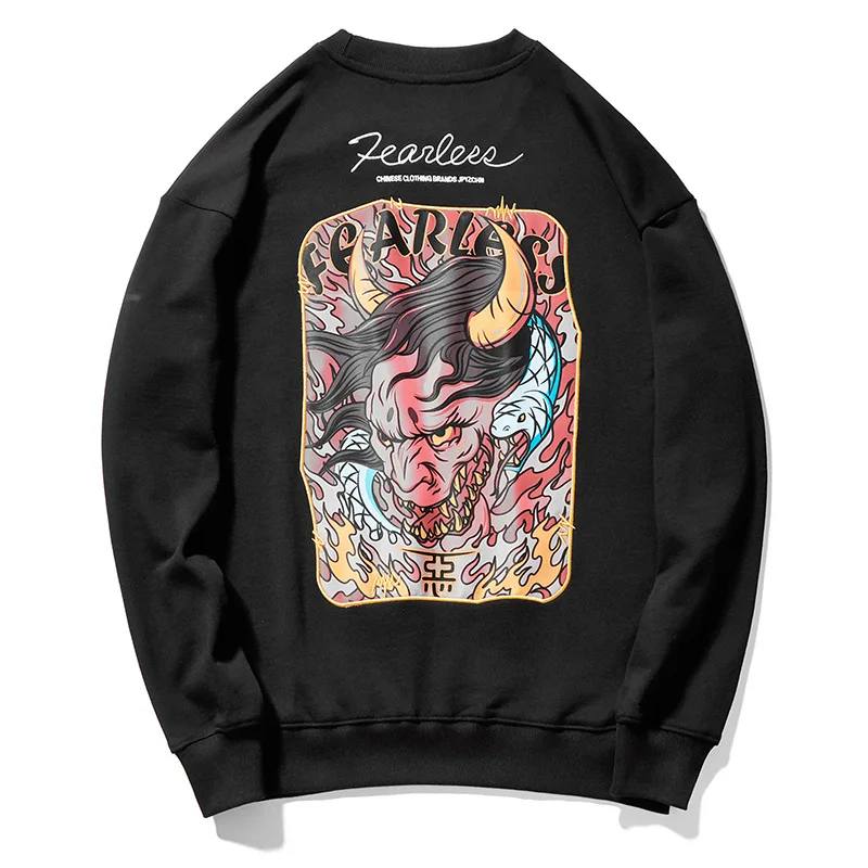 
 Свитер мужской с круглым вырезом, уличный свободный брендовый в стиле хип-хоп, с принтом дьявола, с национальным вышивкой, осень  