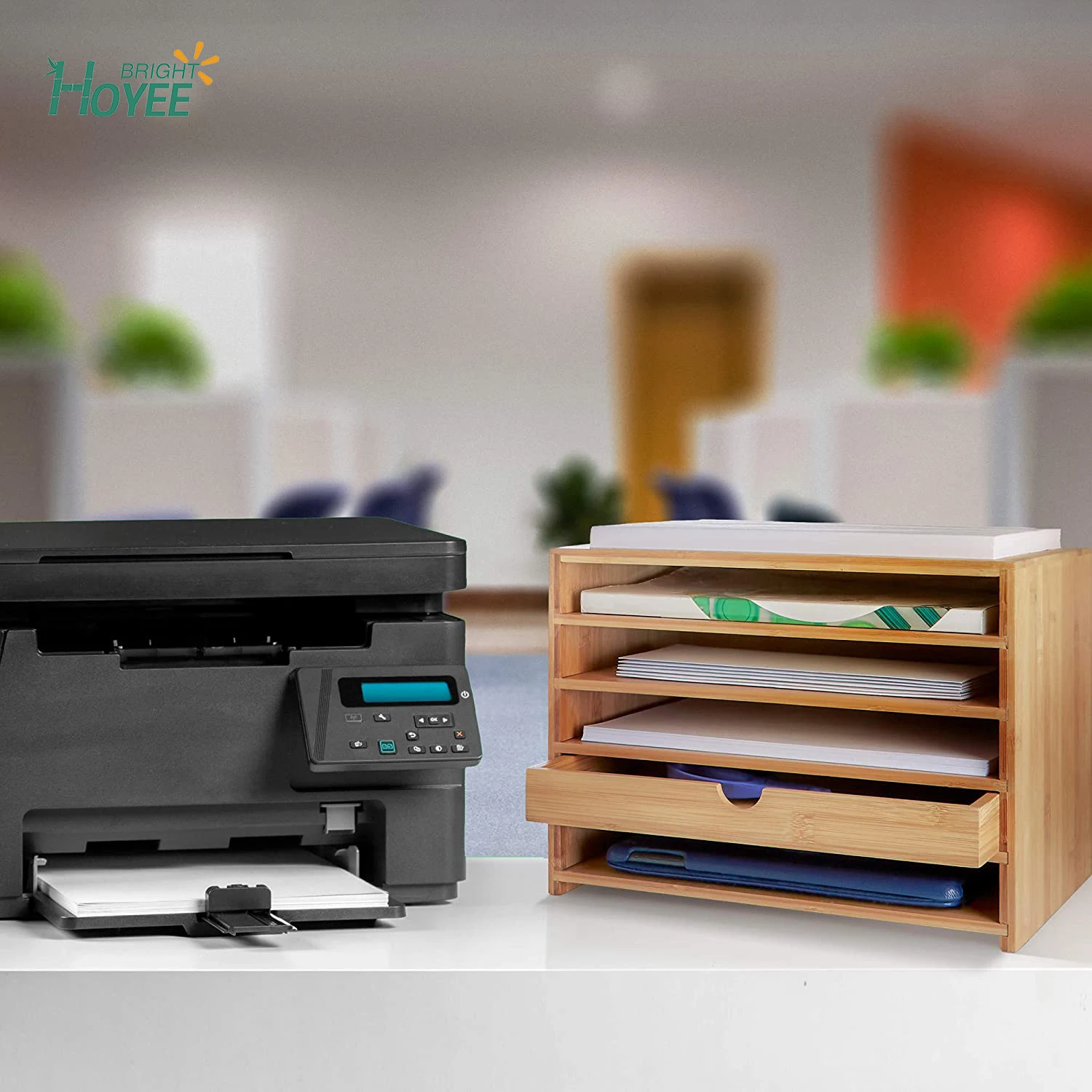 Wholesale Bamboo Four Cubby Paper Letter Tray Organizer with Drawer