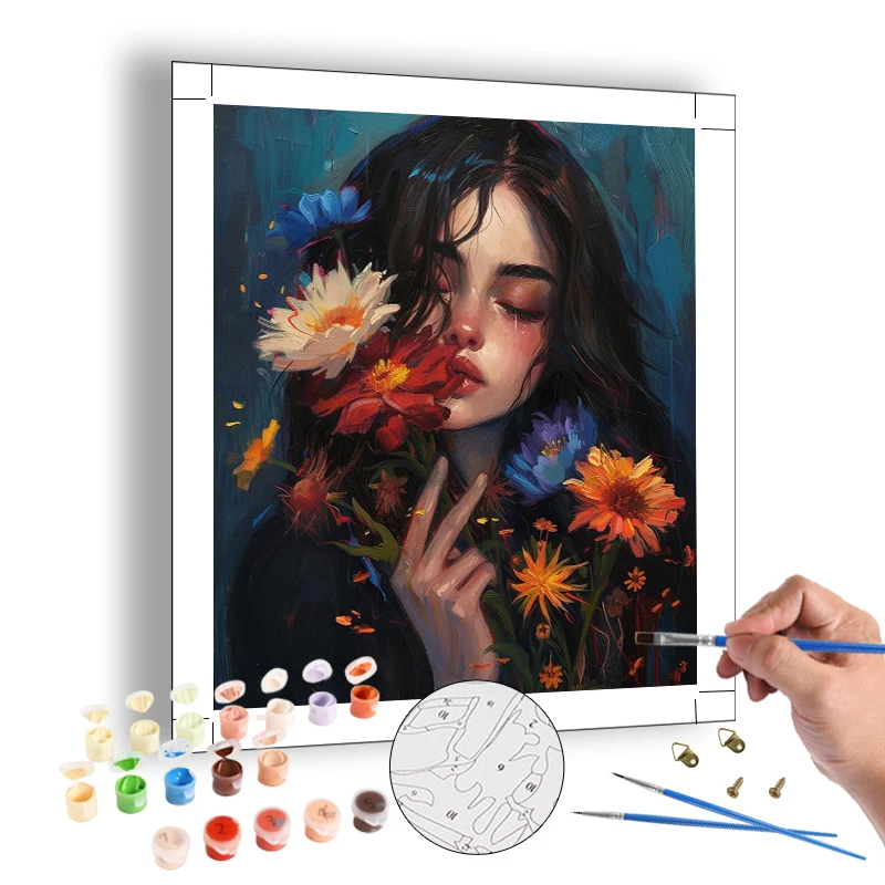 Hand Painted Oil Painting by Numbers Crying Girl with Flowers Prints By Number Picture Wall Art Picture Home Decor Unique Gift