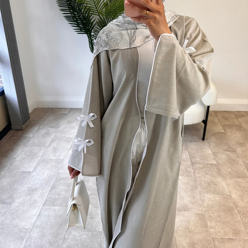 Whosale Factory Custom Linen Cotton Open Abayas RIbbons Abaya Islamic Clothing For Women Abaya Muslim Modest Dress Women Dress