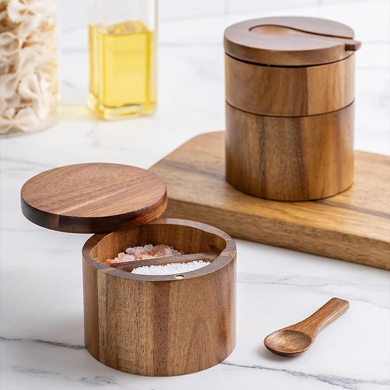 Acacia Wood Round Salt Cellar Kitchen Spice Box Holder with Swivel Cover Wooden Sea Salt Pepper Storage Container with Spoon