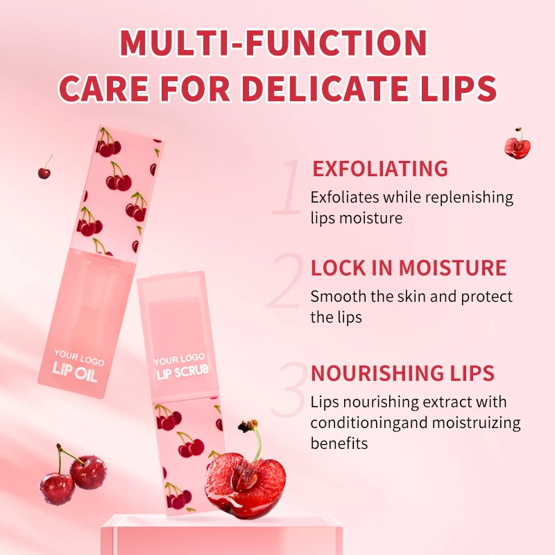 Custom Vegan Smoother Softer Lips Shea Butter Nourishing Cherry Lip Scrub Lip Oil Set