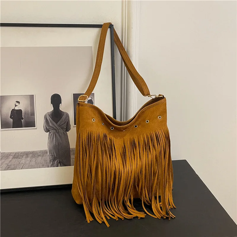 2024 Bohemian luxury fashion womens big brown suede leather fringes side shoulder cross hobo hand bags for ladies girls handbags