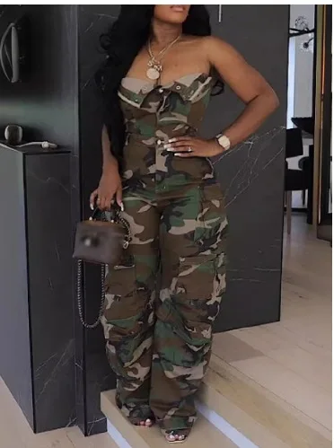 Sharee Hot Selling Sexy Cargo Jumpsuit Women Loose Fitting Button Rompers Wrap One Piece Playsuit Solid Jumpsuit Women