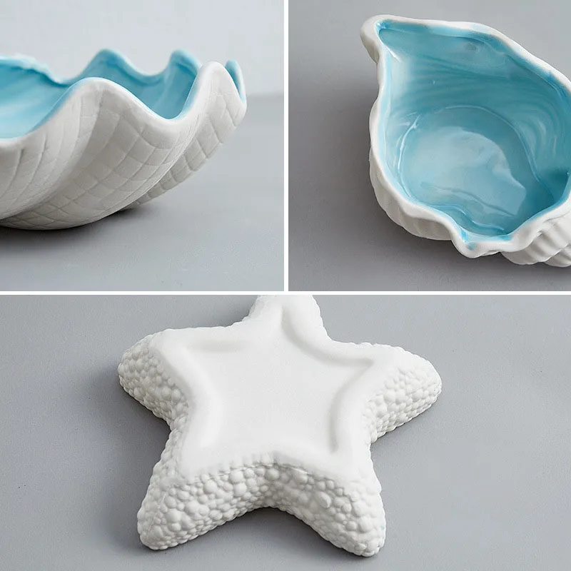 Ceramic Blue Hand Ring Holder for Jewelry Trinket Dish, Starfish shaped Jewelry Plate Tray Home Party Decor
