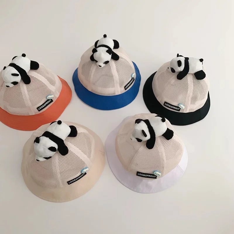 Autumn/Spring Unisex Super Cute Cartoon Panda Design Denim Mesh Fisherman Hat Boys Girls Breathable Sun Protection Casual Wear