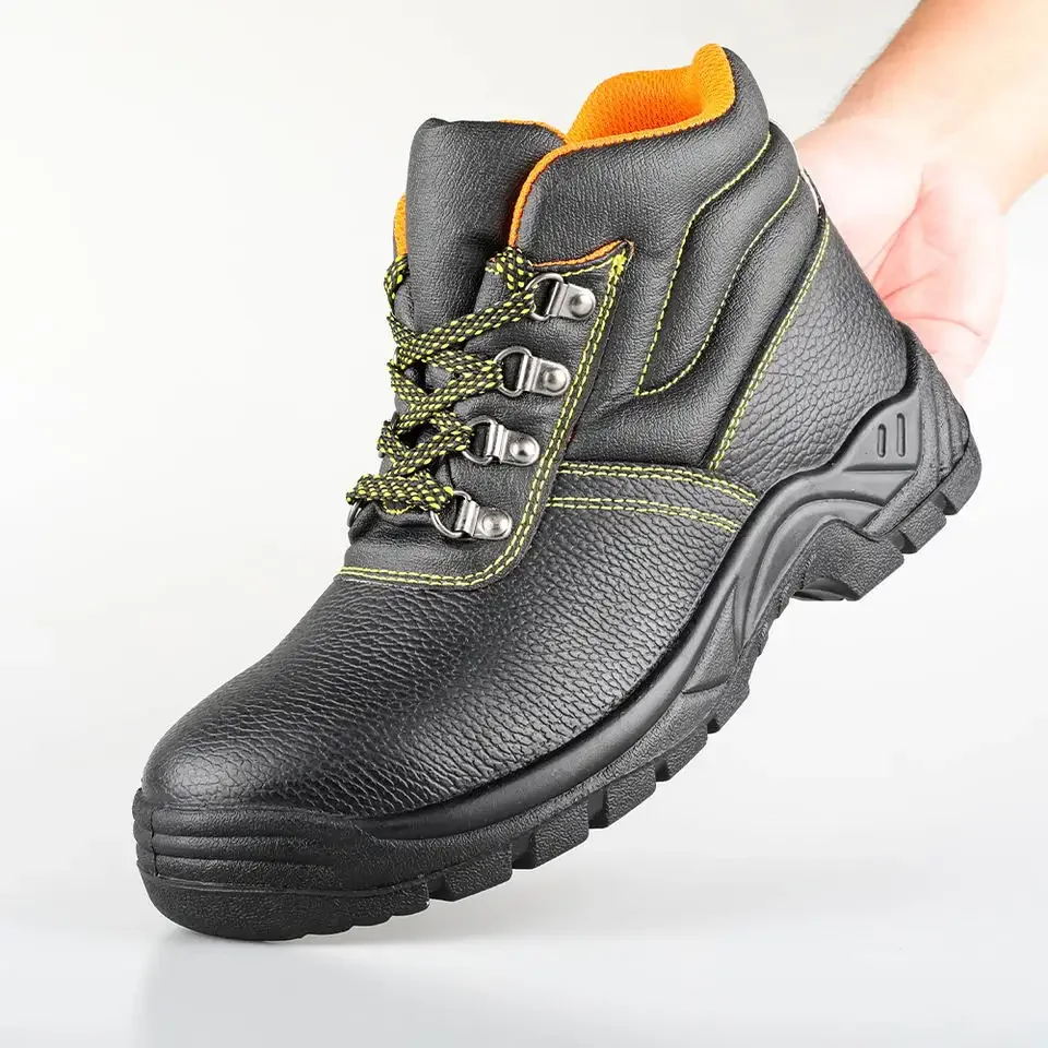 safety shoes for men leather Wholesale steel toe and steel plate  slip resistant PU sole men boot for worker