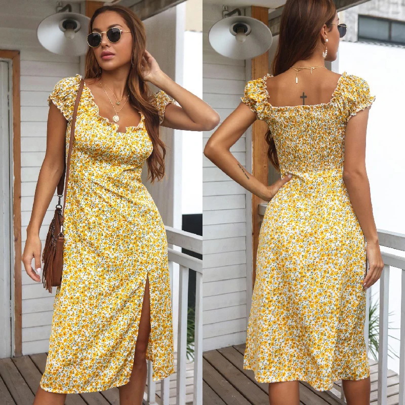 Женское платье-миди с коротким рукавом желтое элегантное платье принтом 2022