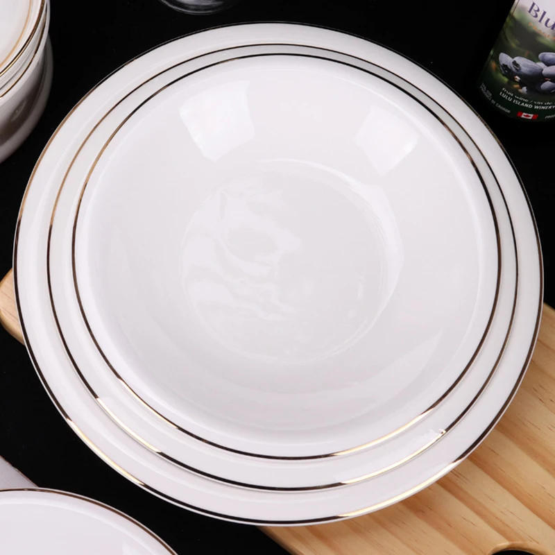 Chaozhou factory wholesale white gold rim luxury serving soup plate and dish dinnerware round glazed wide rim dinner plate