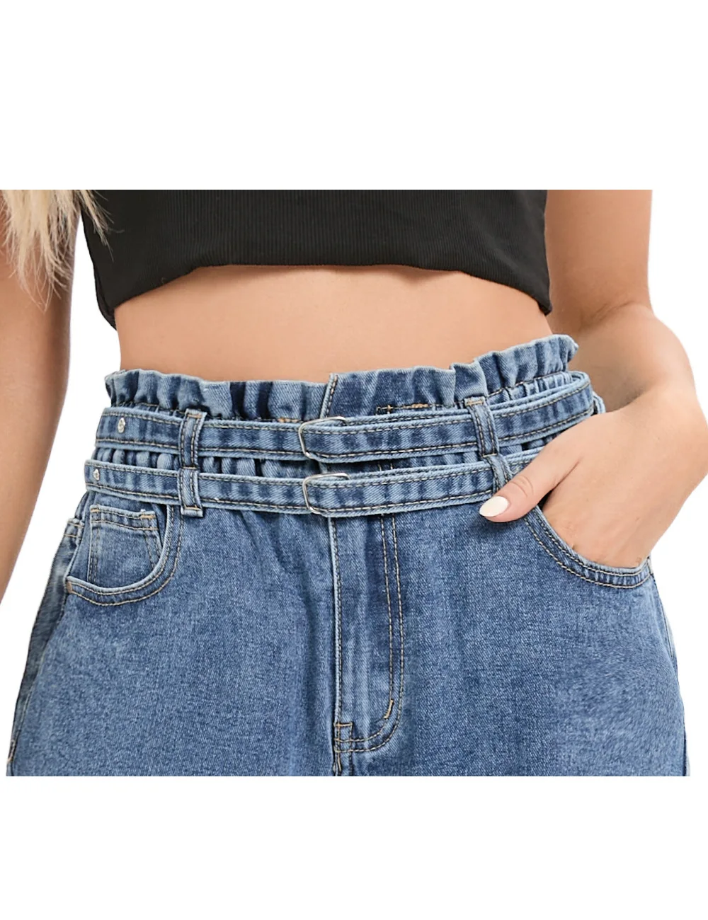 2022 fashion casual trend ruffled elastic band trousers loose cropped harem jeans for women