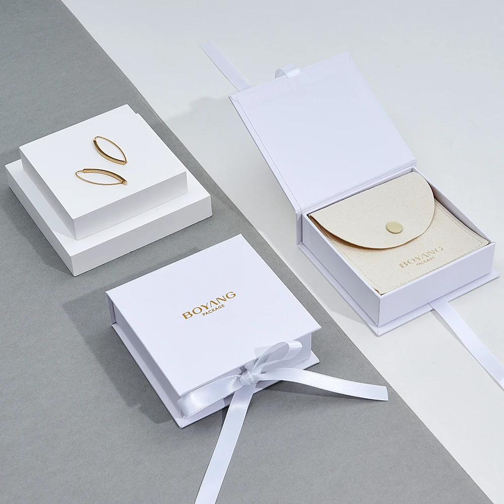 Boyang Custom White Paper Cardboard Biodegradable Jewelry Box Packaging with Ribbon