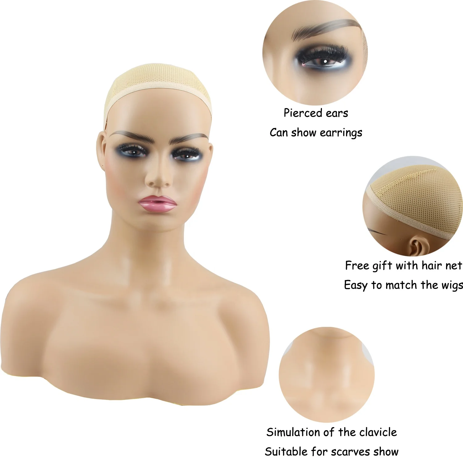 
Realistic Female Mannequin Head with Shoulder Manikin PVC Head Bust Wig Head Stand for Wigs Display Making Styling Sunglasses 