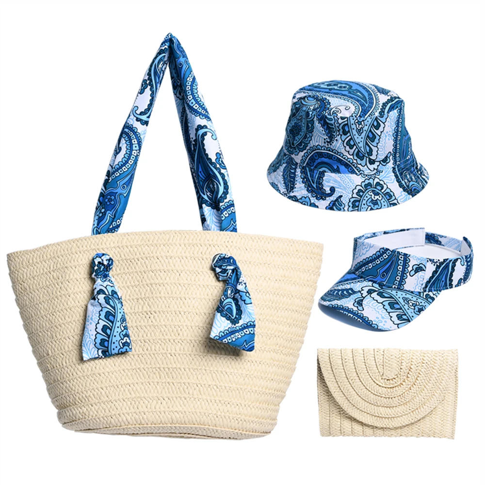JAKIJAYI Wholesale Summer Beach Hats and Bag Set Visor Hat Beach Tote Bag with Customized Pattern