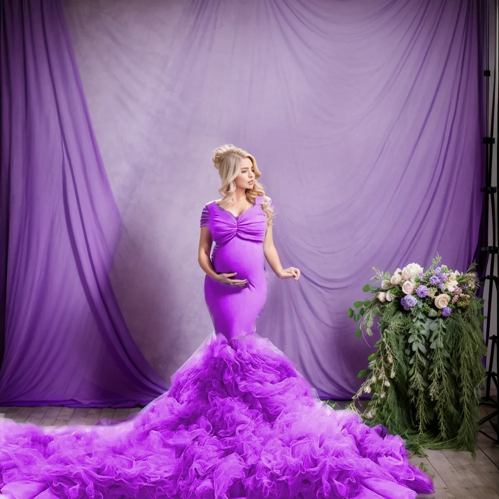 2024 new arrival High Quality Plus Size Tulle Maternity Dress Detachable Sleeves Strapless Long Ruched Train Photographic pregna