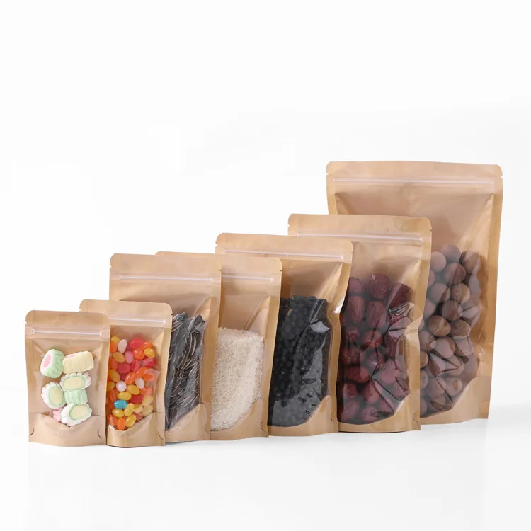 Custom Recycled Clear Front Window Eco Friendly Biodegradable Stand Up Pouch Zipper Ziplock kraft Paper Packing Bag with Window