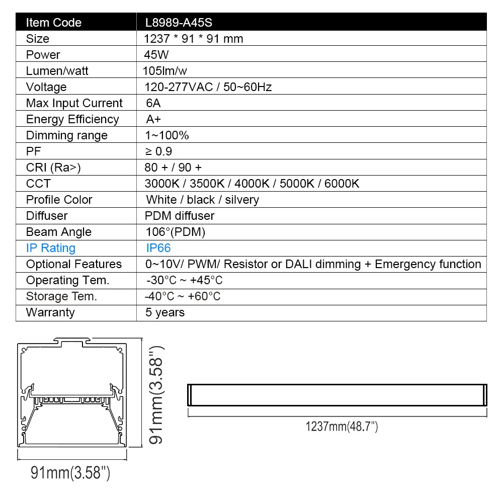 L8989-WW45S 4ft ip66 waterproof linear street light 3000k led linear light non-linkable outdoor linear led underground light