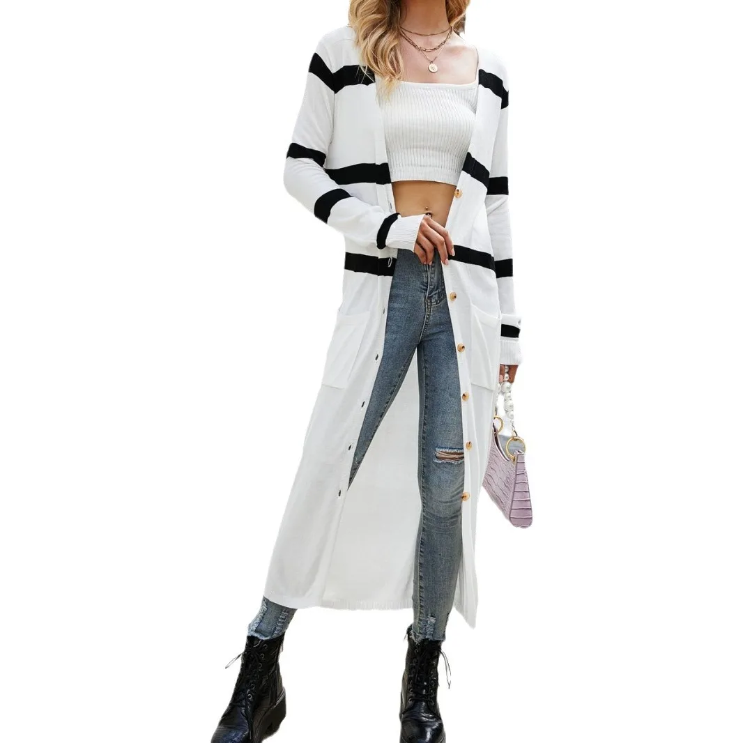 European American V-Neck Casual Long Sweater Coat Cross-Border Spring Explosions Black White Striped Knitted Skinny Autumn