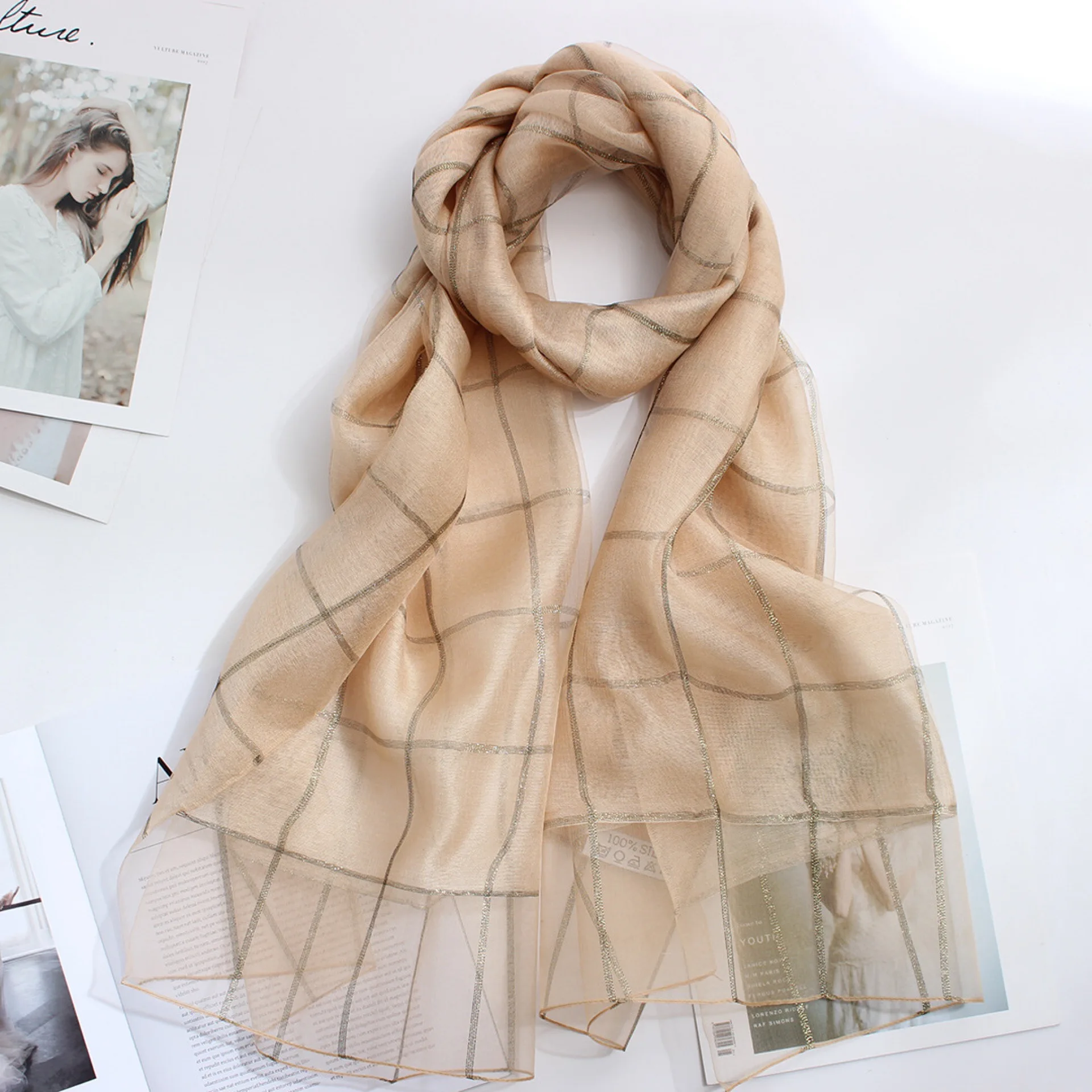 Cotton Winter Woman Luxury Mulberry Silk Spring Pure And Shawl Gift Set Double Layer High End Gold Foil Plaid Scarf