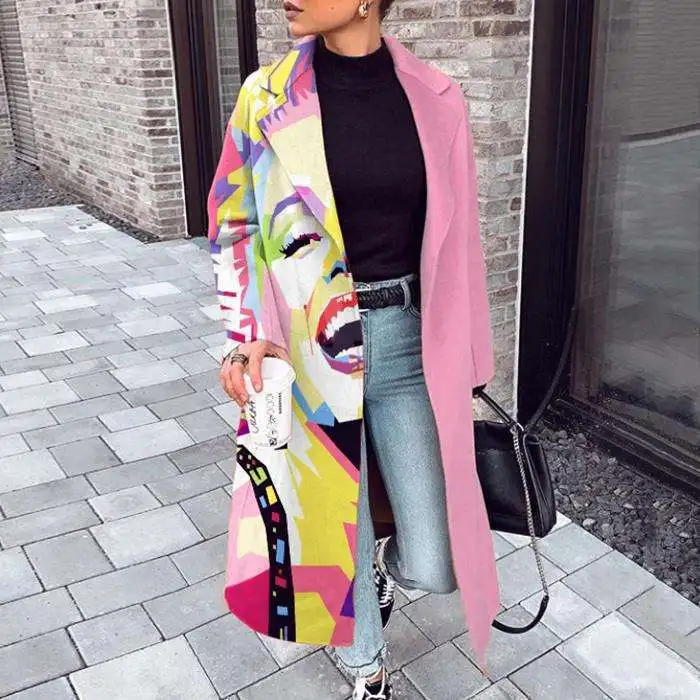 Women Autumn Elegant Abstract Pattern Printed Long Overcoat Winter Casual Long Sleeve Cardigan Jacket Lady Outerwear