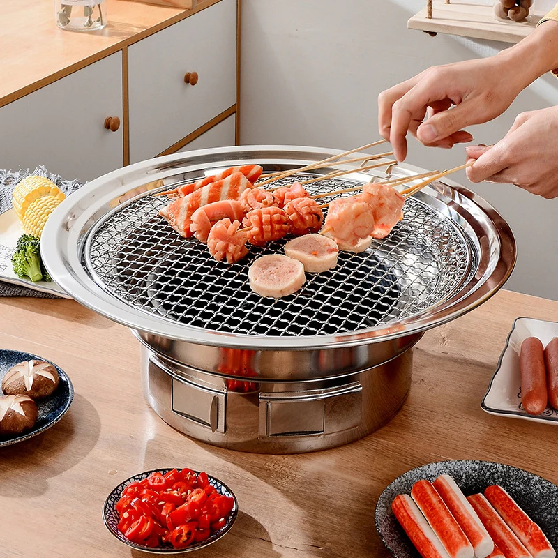 Customized Camping Outdoor Round Korean Barbecue Grill Desktop Stainless steel Roasting Pan Portable  Charcoal BBQ Grill
