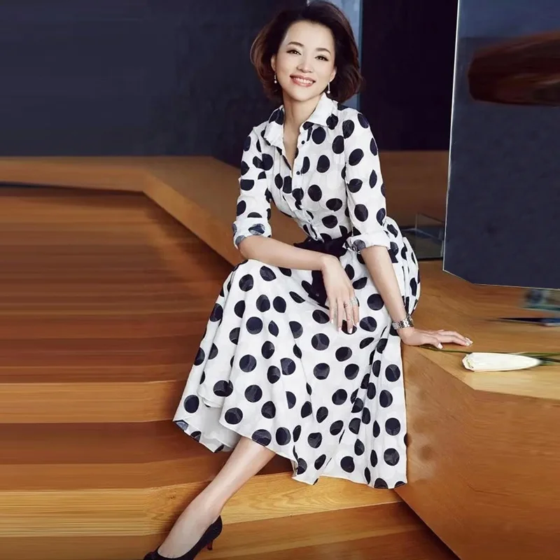 Spot Wholesale Summer New Large Polka Dot Printed Shirt Plus Size Skirt Lace Lapel Large Swing Mid-length Casual Dress