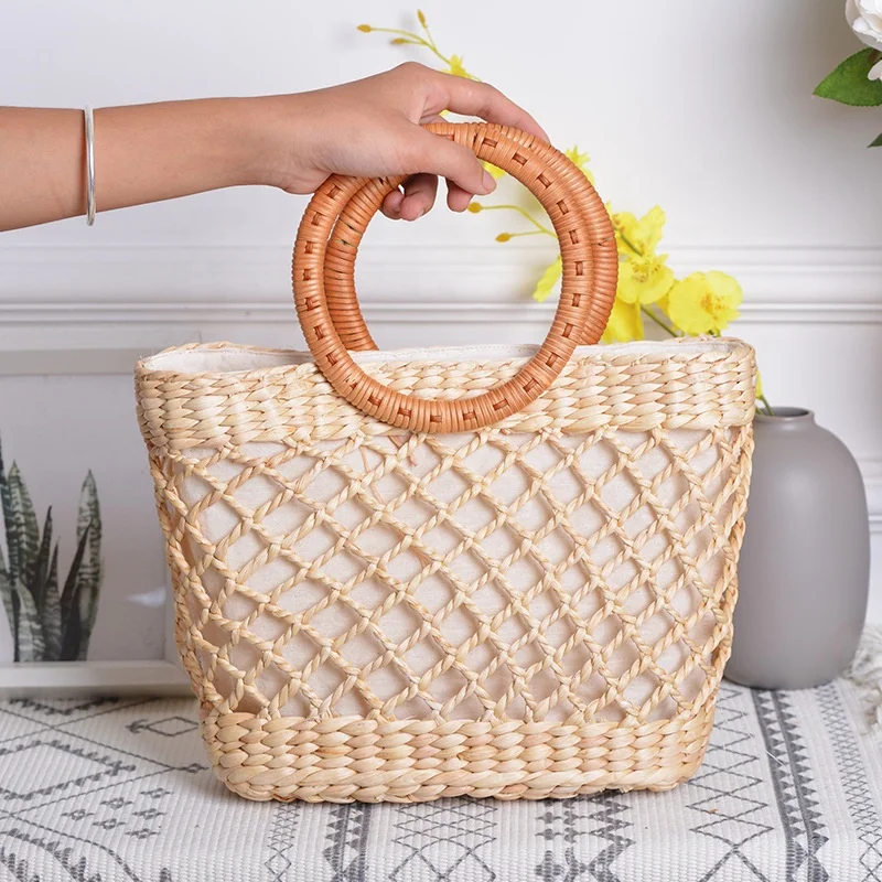 Female Tote Rattan Wicker Bags Handmade Bohemian Reticular Water Hyacinth Handle Bag