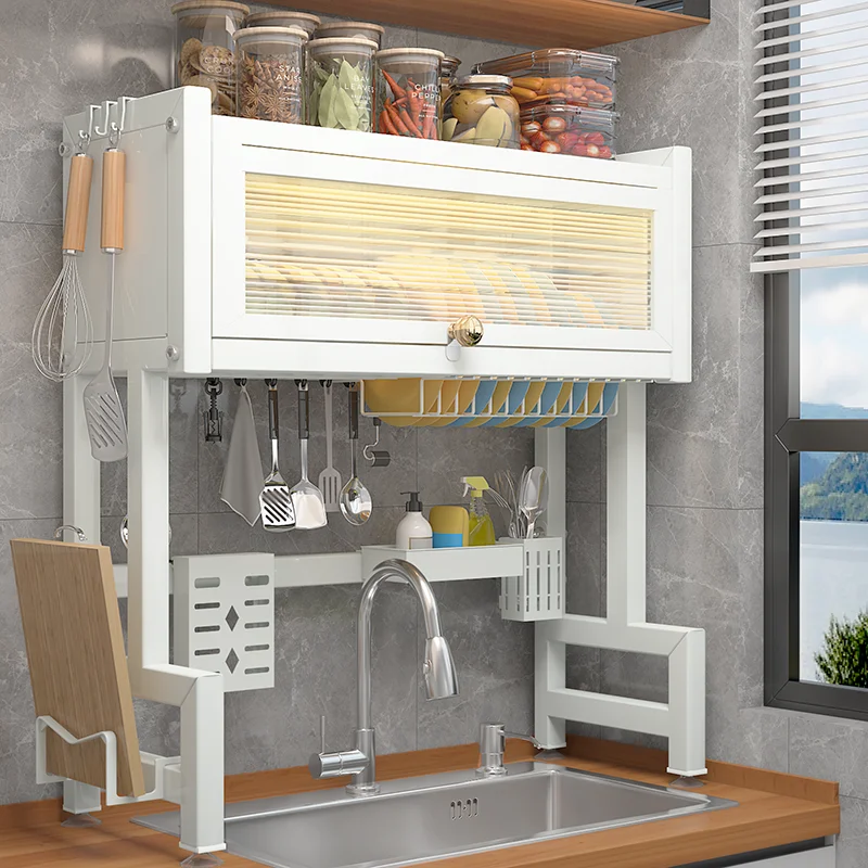 65CM Best Price Combination Use Kitchen Storage Double Layer Household Storage Holder Dish Drying Rack with door Suitable Used