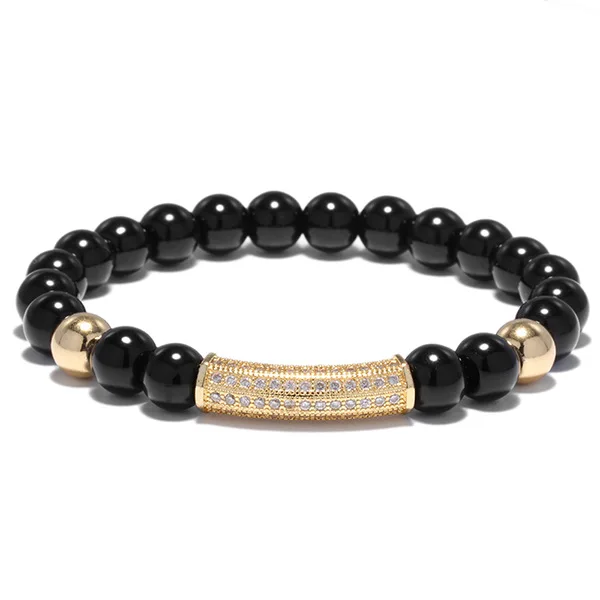 Brand New Copper Bead 8mm Natural Black Onyx Strand Rose gold silver Bracelet Micro Pave CZ Curved Tube Charm Bracelet