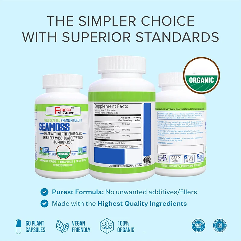 Organic Wildcrafted Seamoss, Bladderwrack & Burdock Root, Supplement for Immunity Capsules