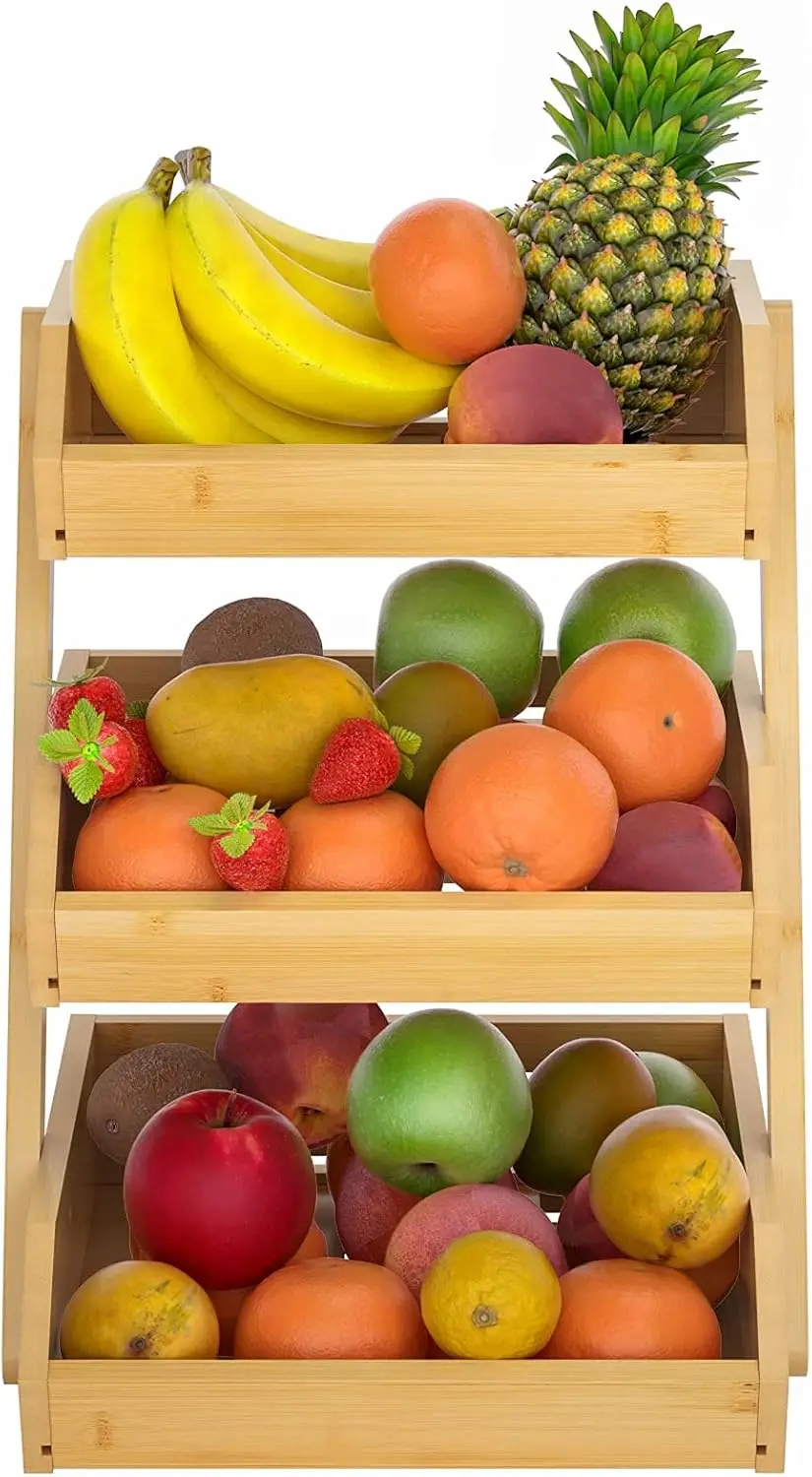 Large 3-Tier Bamboo Fruit Basket Stand Modern Kitchen Countertop Fruit Holder Bread Vegetables Produce Home Storage