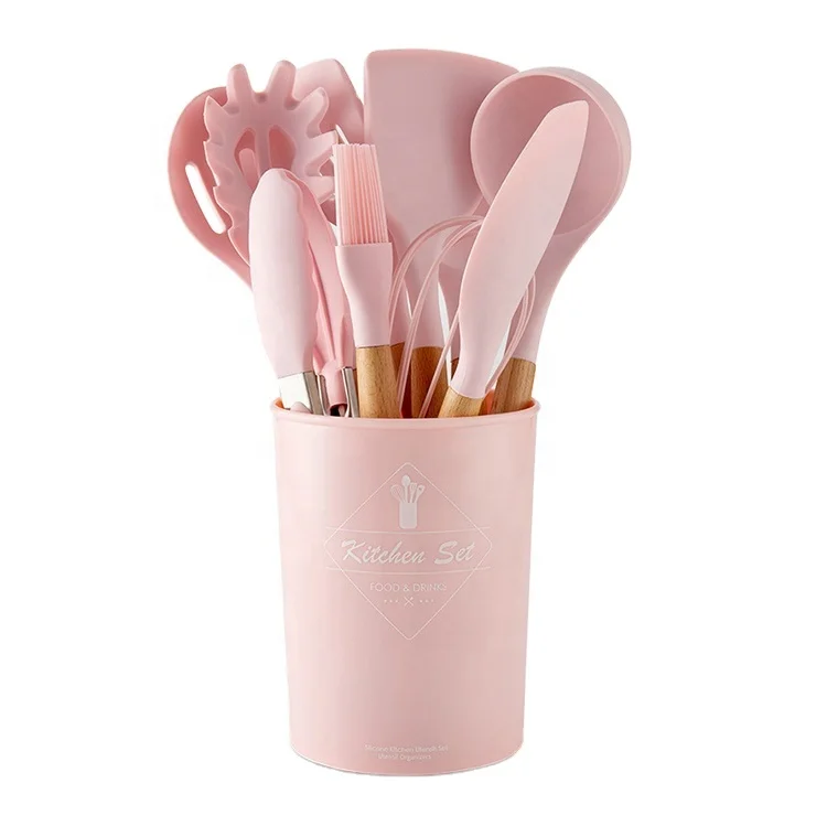 2021 Best Selling Popular Product Cheap Nice Home Living 11 Pcs Silicone Kitchenware Set Pink Solid Wooden Handle Storage Box