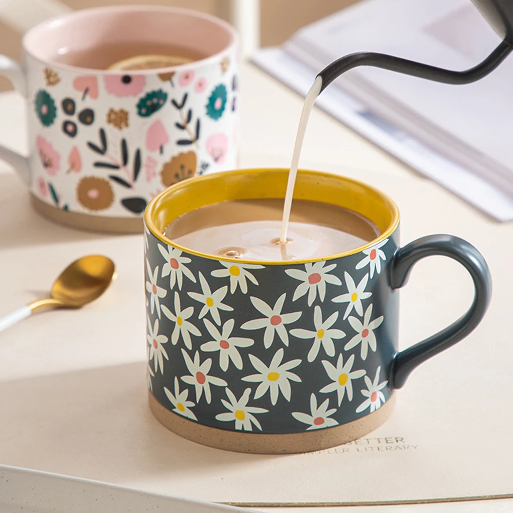 Creative Floral Mugs Lovely Ceramic Coffee Breakfast Mugs INS Style Flower Design Porcelain Mugs Vintage Big Belly Coffee Cup
