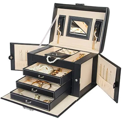 Jewelry Box Necklace Ring Storage Organizer Synthetic Leather Large Jewel Cabinet Gift Case (Black)